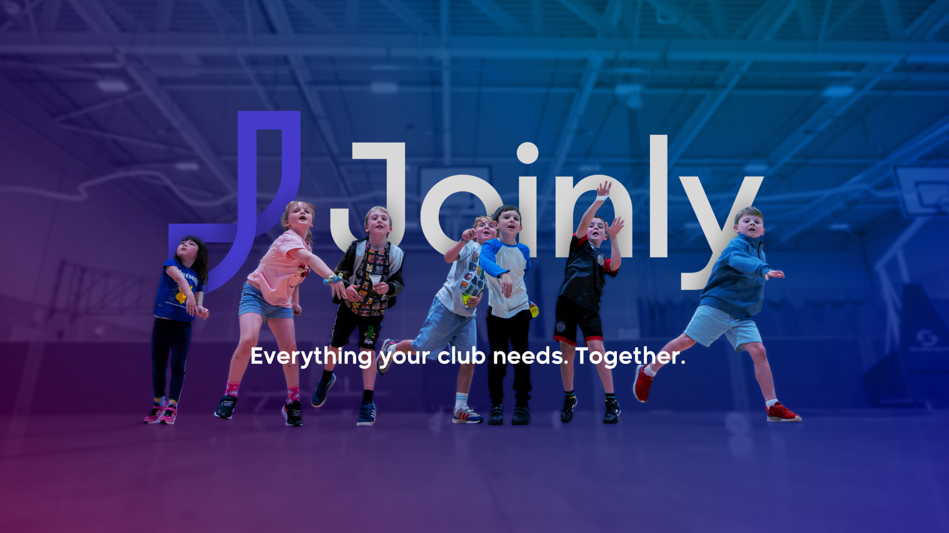 Children playing sports in a sports hall with the Joinly tagline: everything your club needs, together